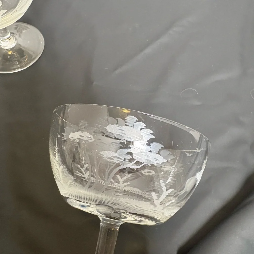 Vintage Etched East Germany Crystal Coupe Set Hunting/Wildlife Scene